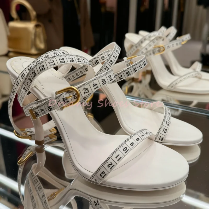 

Black White Tape Measure Strap Sandals Women Ankle Buckle Peep Toe High Heels Fashion Trendy Strange Style Party Lady Shoes New