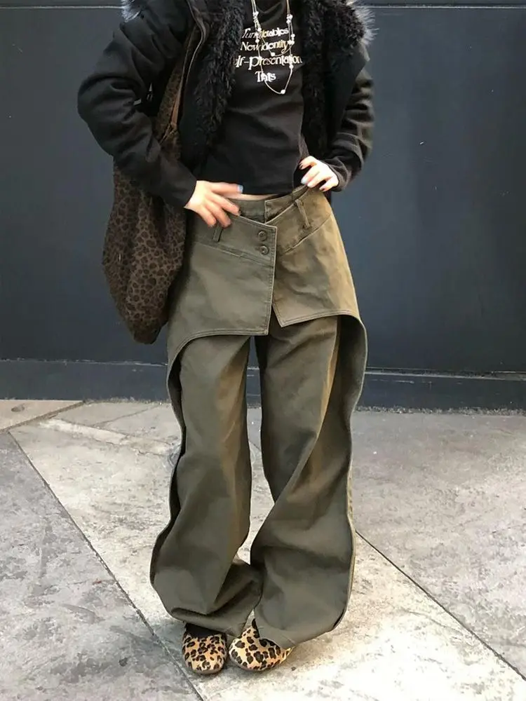 

American Plus Size Patchwork Work Pants, Women'S Spring And Autumn Fashion Design, Fake Two-Piece Floor Length Pants