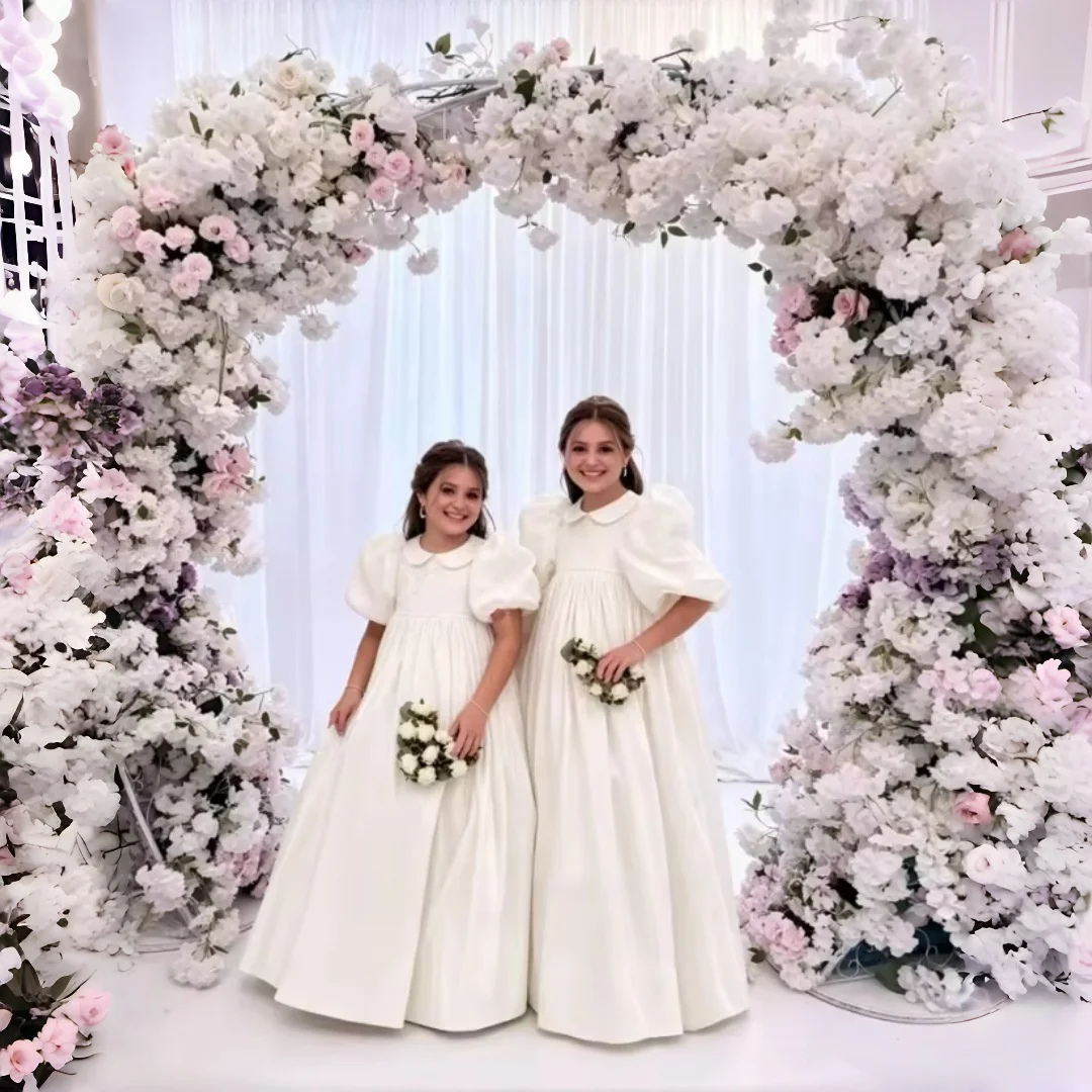 Girls White Satin Flower Girl Dress Puff Sleeve Peter Pan Collar Long Pageant Gown Kids Wedding Party First Communion Dresses