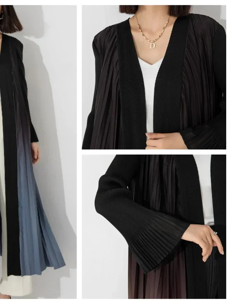 New in Autumn Women Cardigan (LENGTH:142CM) Cloak Gradient Pleated Windbreaker Flare Sleeve Gradual Color Long Trench Coat Dress