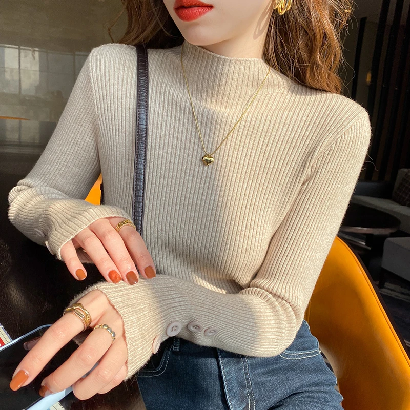 

2025 Women Pullover Autumn Winter Turtleneck Sweater Women Slim Elastic Knitted Female Long Sleeve Button Knit Bottoming Tops