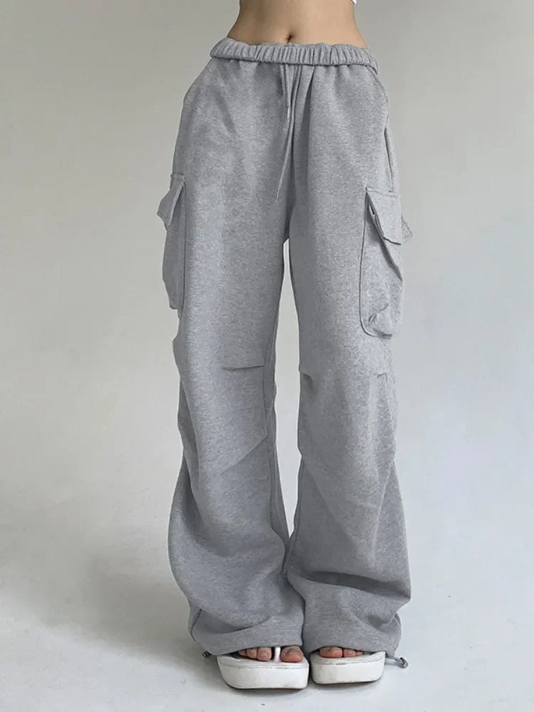 

QWEEK Vintage Grey Pockets Cargo Pants Women Baggy Sporty Streetwear Joggers Korean Casual Trousers Harajuku Folds Sweatpants