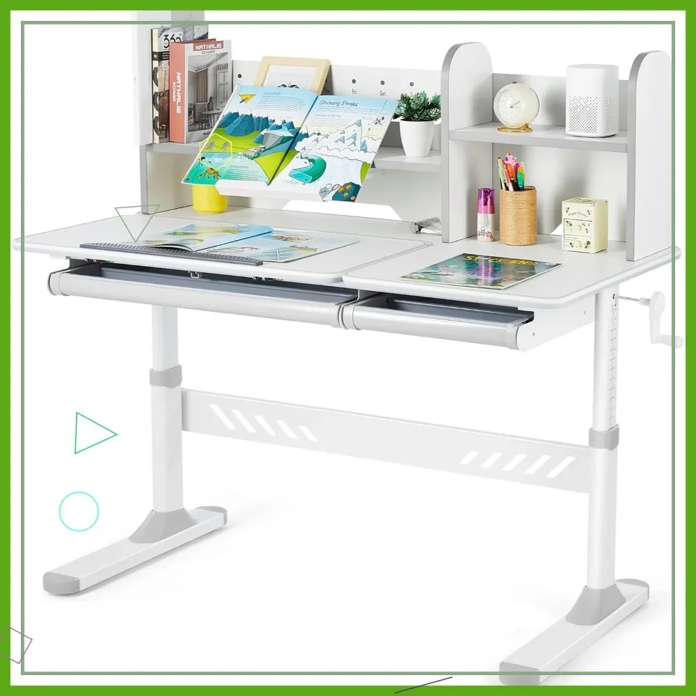 

Регулируемый детский стол с навесной полкой и ящиками, эргономичный учебный стол шириной 47 дюймов, наклонная столешница для домашнего обучения (серый)