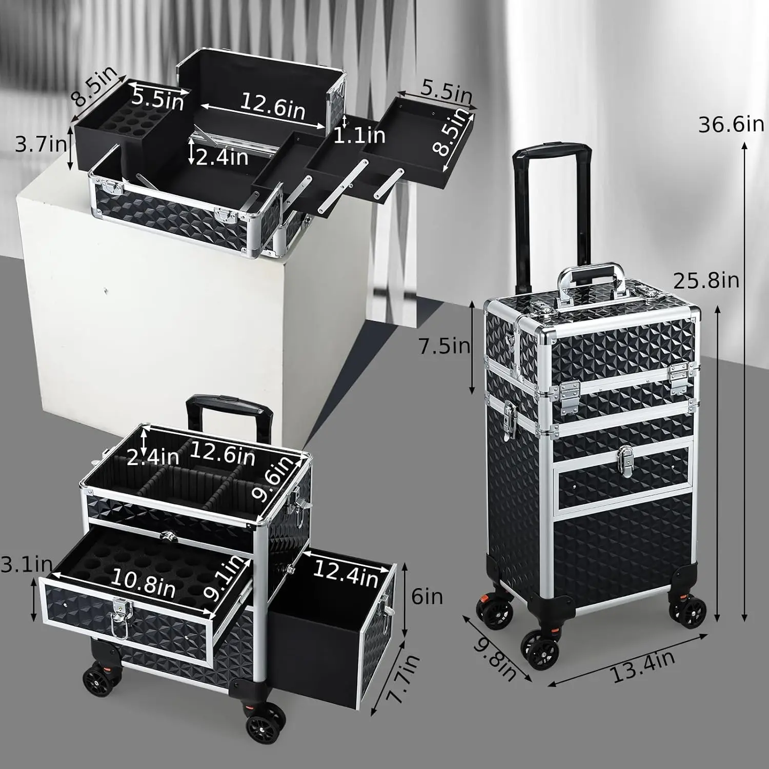 حقيبة مكياج كبيرة دوارة مع مقصورات قابلة للتعديل ودرج قابل للفصل وعجلات فرامل القدم للمنظمين المحترفين