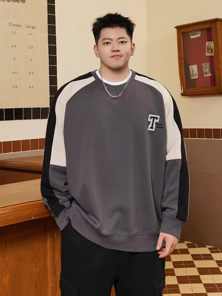 

Модная мужская толстовка больших размеров, повседневная, с круглым вырезом, свободного кроя, с элементами пэчворка, осенняя новинка, большой размер