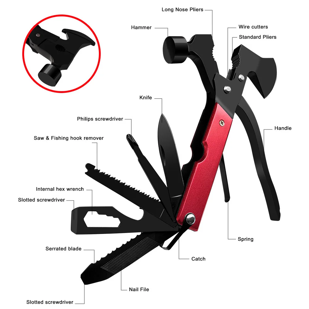 Imagem -03 - Multifuncional Pequeno Machado Martelo para Camping Pocket Knife Alicadores Mini Portátil para Caça Camping Sobrevivência Ferramenta de Dobramento ao ar Livre