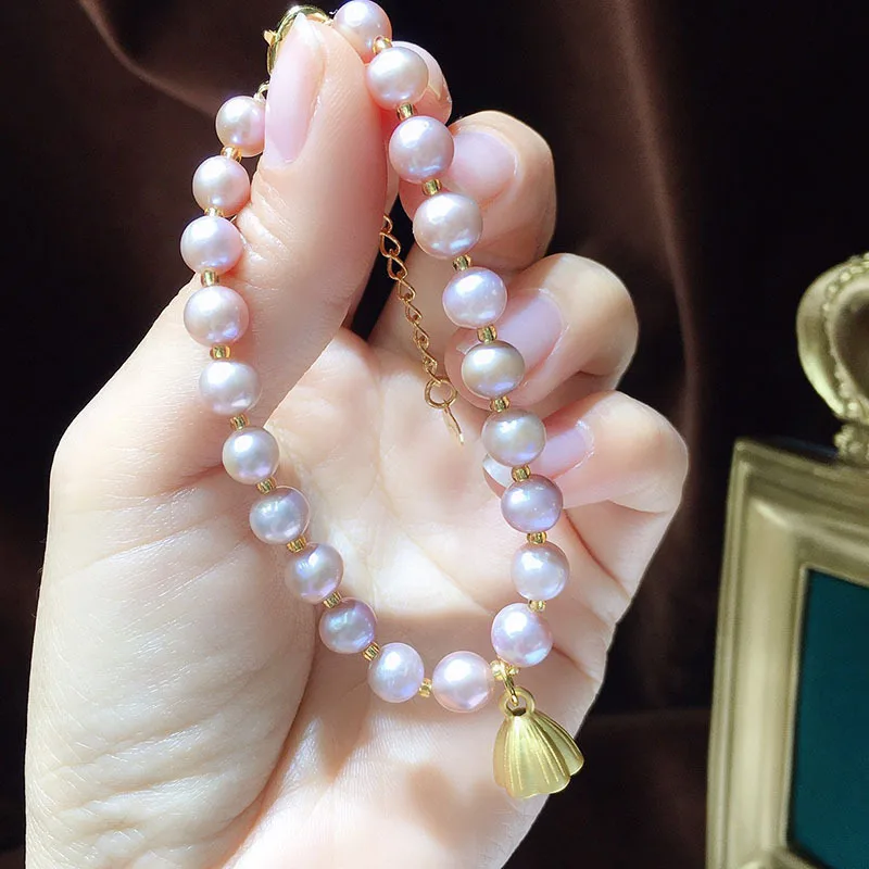 

085 Браслет из натурального розового и фиолетового пресноводного жемчуга, универсальный модный простой милый регулируемый браслет с застежкой