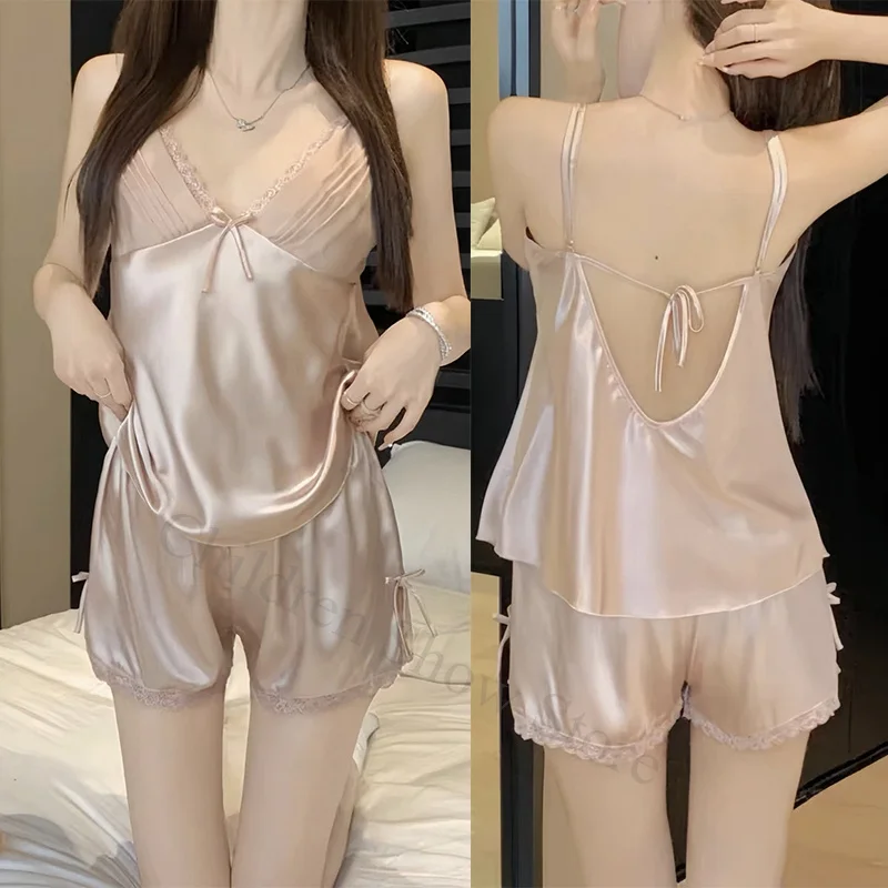 2024 New Strap Top&shorts Sexy Lace Trim Pyjamas Nightwear Women Satin Loungewear Backless Pajamas 2Pcs Lingerie Home Clothes