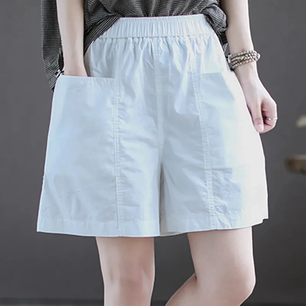 100% Cotton Womens Shorts for Summer Thin Elastic Waist Loose Women Shorts Khaki Black White Casual Short Pants with Pockets