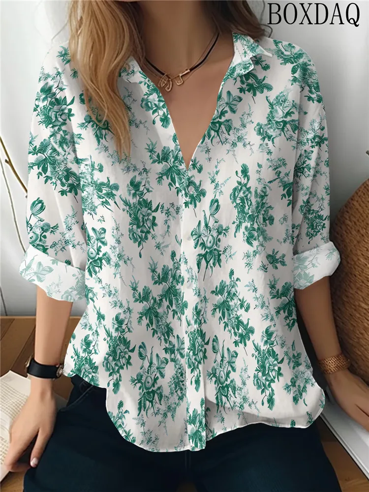Long Sleeved Lapel Button Up Women's Shirts Autumn Casual Flower Pattern Printed Elegant Blouse Loose Women's Clothing