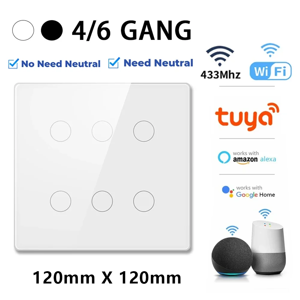 Tuya WiFi RF433 Smart Switch Brazil Standard 4x4 Glass Panel Touch Sensor 4/6 Gang Wall Light Switch Work With Alexa Google Home