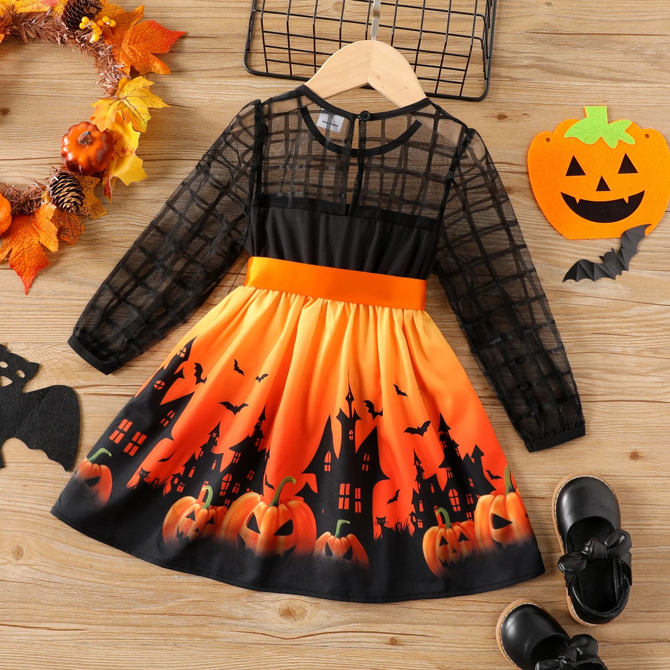 Halloween Toddler/Kid Girl Dress PatPat Pumpkin Print Mesh