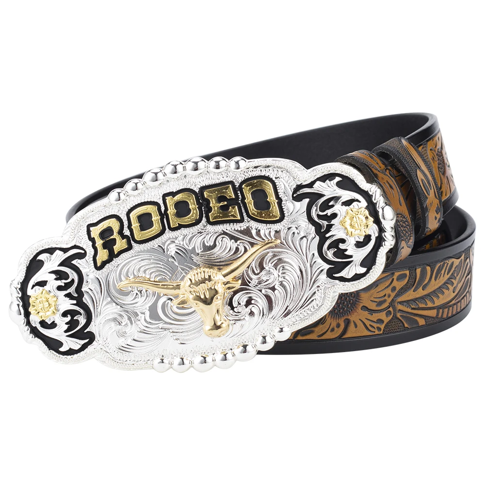 

Cow Head Embossed Leather Belt Large Buckle Cowboy