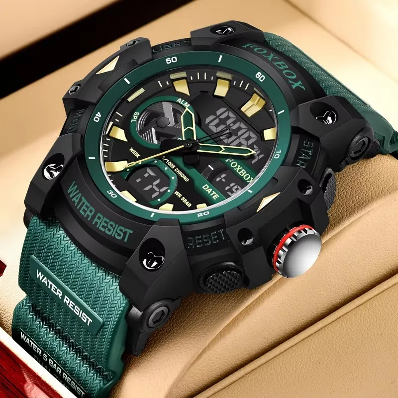 FOXBOX 패션 스포츠 시계 남자 충격 방지 50M 방수 손목 시계 LED 알람 스톱워치 시계 군사 남자 시계 + 상자