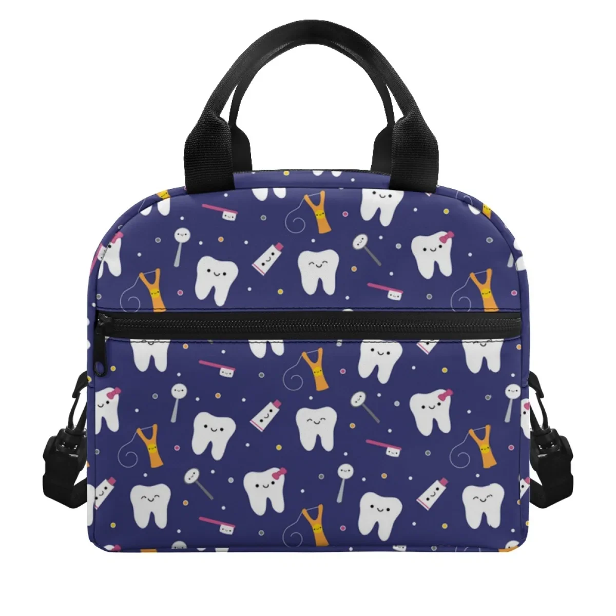 Vendite calde Carino Proteggi i denti Dentista Dental Print Ladies Gril Boys Borsa da pranzo isolata Tasca frontale Borsa da viaggio a doppio strato