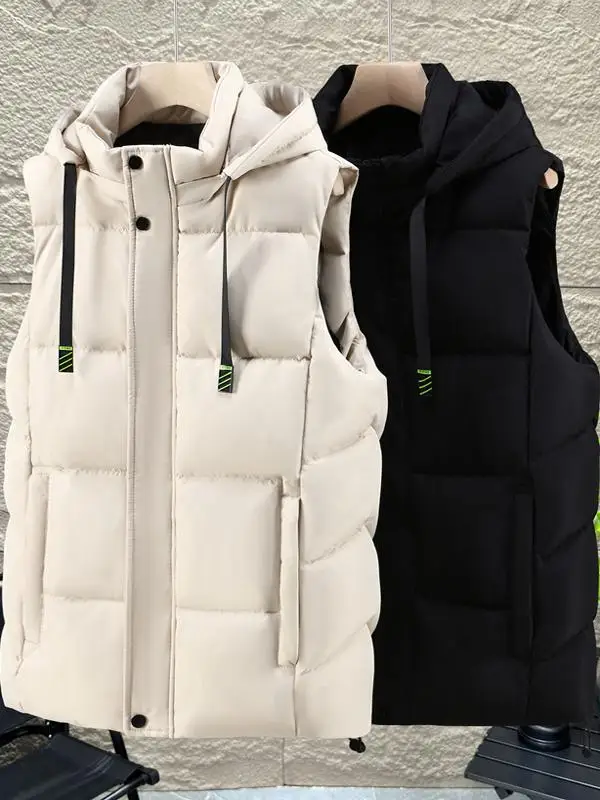 Trendy Men's down Cotton Vest Thi Warm Detachable Cap Large Size Autumn Winter Outerwear Youth Sle Zipper Decoration
