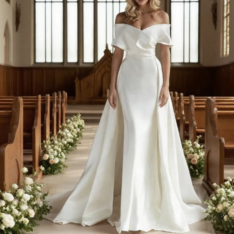 

White Detachable Trailing Wedding Dress Sweetheart Satin Mermaid Off the Shoulder Bridal Gowns Custom Made Vestidos De Novia