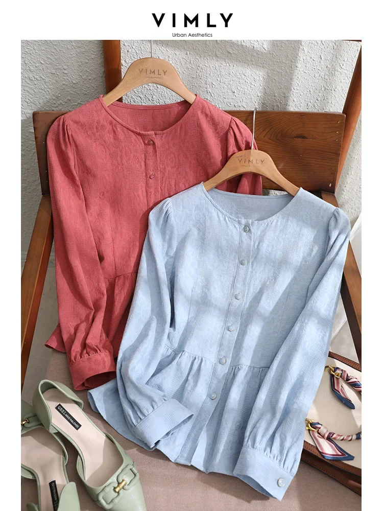 Vimly French Elegant Ruffle Peplum Shirts Women 2023 Autumn Fashion Casual Cotton Solid Long Sleeve Tops Womens Shirts & Blouses