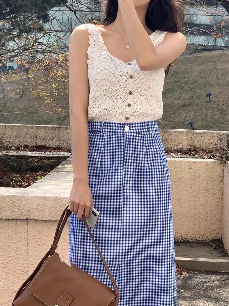 Modna spódnica w kratę damska z wysokim stanem, rozkloszowana spódnica midi, wiosna 2024, szykowna i stylowa, dopasowana długa spódnica.