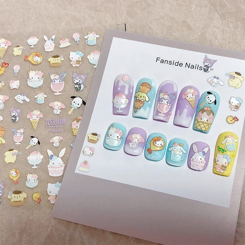 

Fashion Cartoon Hello Kitty Kuromi Relief Nail Stickers Nails Patches Sticker Decal Decorations Women Accessories Girls Gift