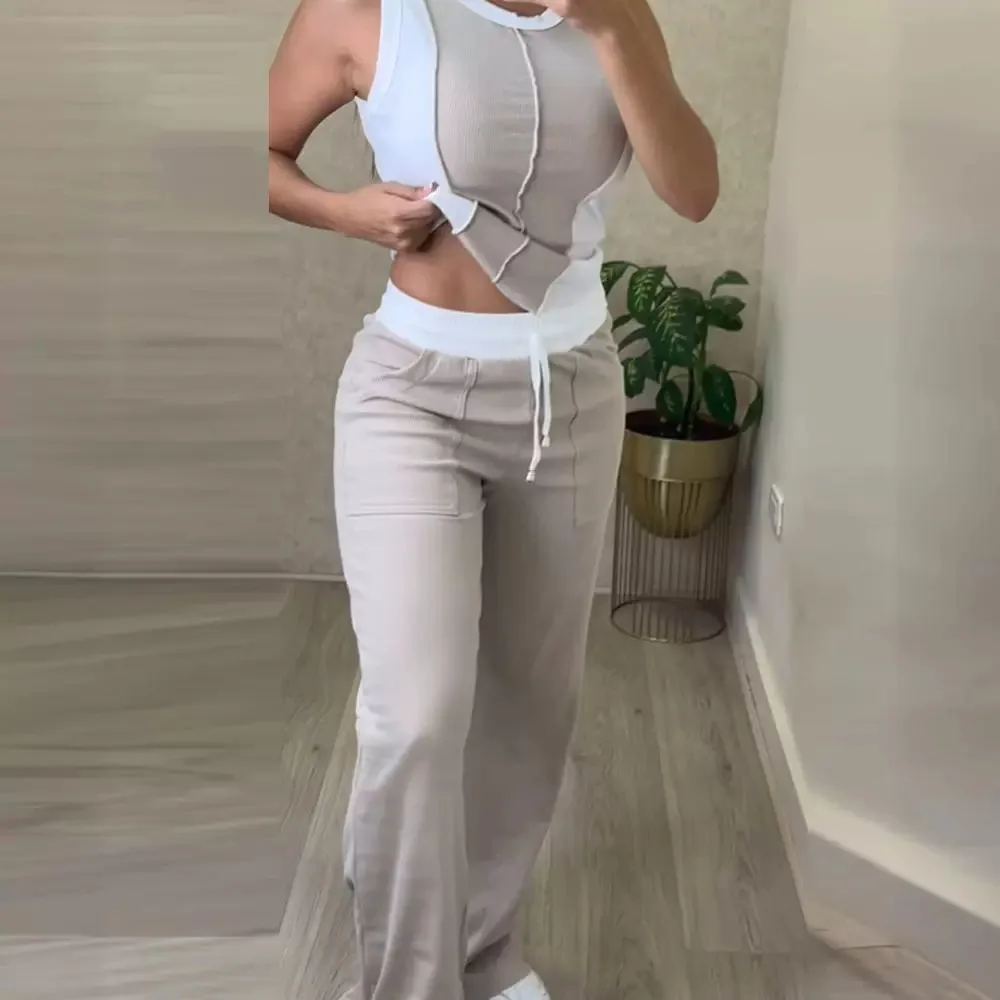 Colorblock Ribbed Tank Top & Pocket Design Pants Set Women 2pcs Clothes Set Sleeveless Tanks Tops High Waist Pants