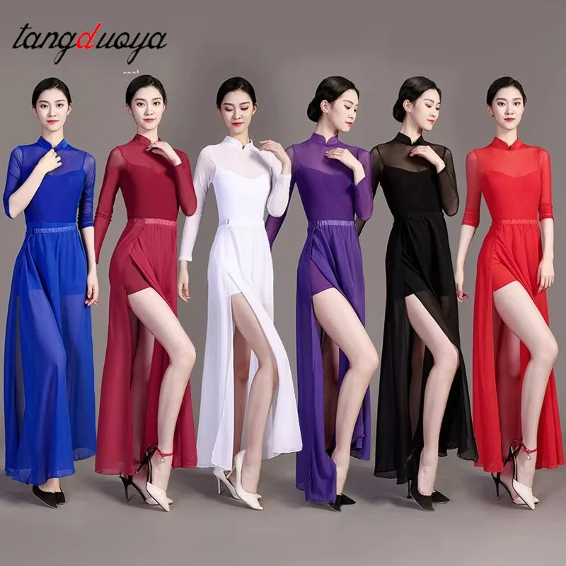 

Женский современный лирический танцевальный костюм с длинным рукавом и стразами, сетчатое трико с разрезом, платье для балета, гимнастики, катания на коньках