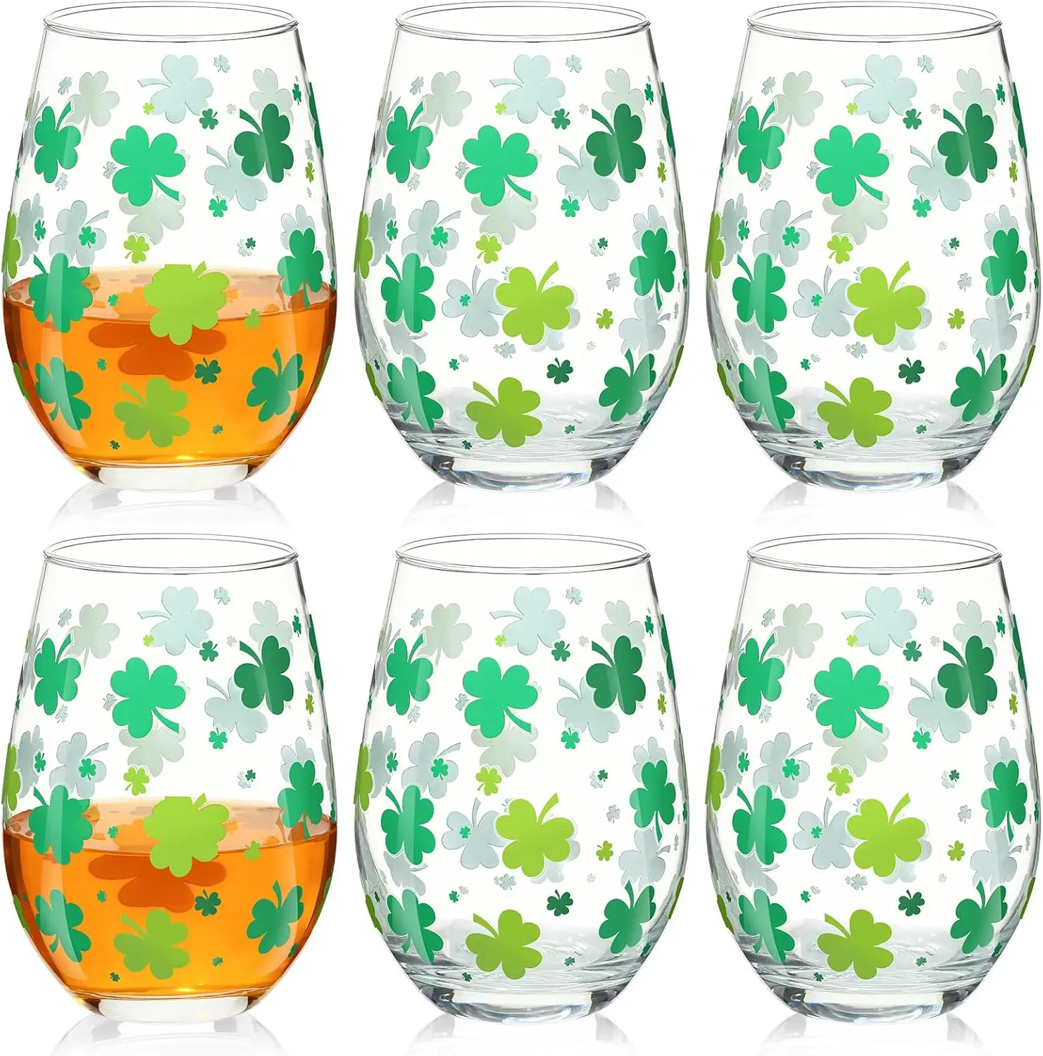 

6 Pack 18 oz St Patrick's Day Wine Glasses Green Shamrock Drinking Stemless Cup Red and White Wine Tumbler for Homes and