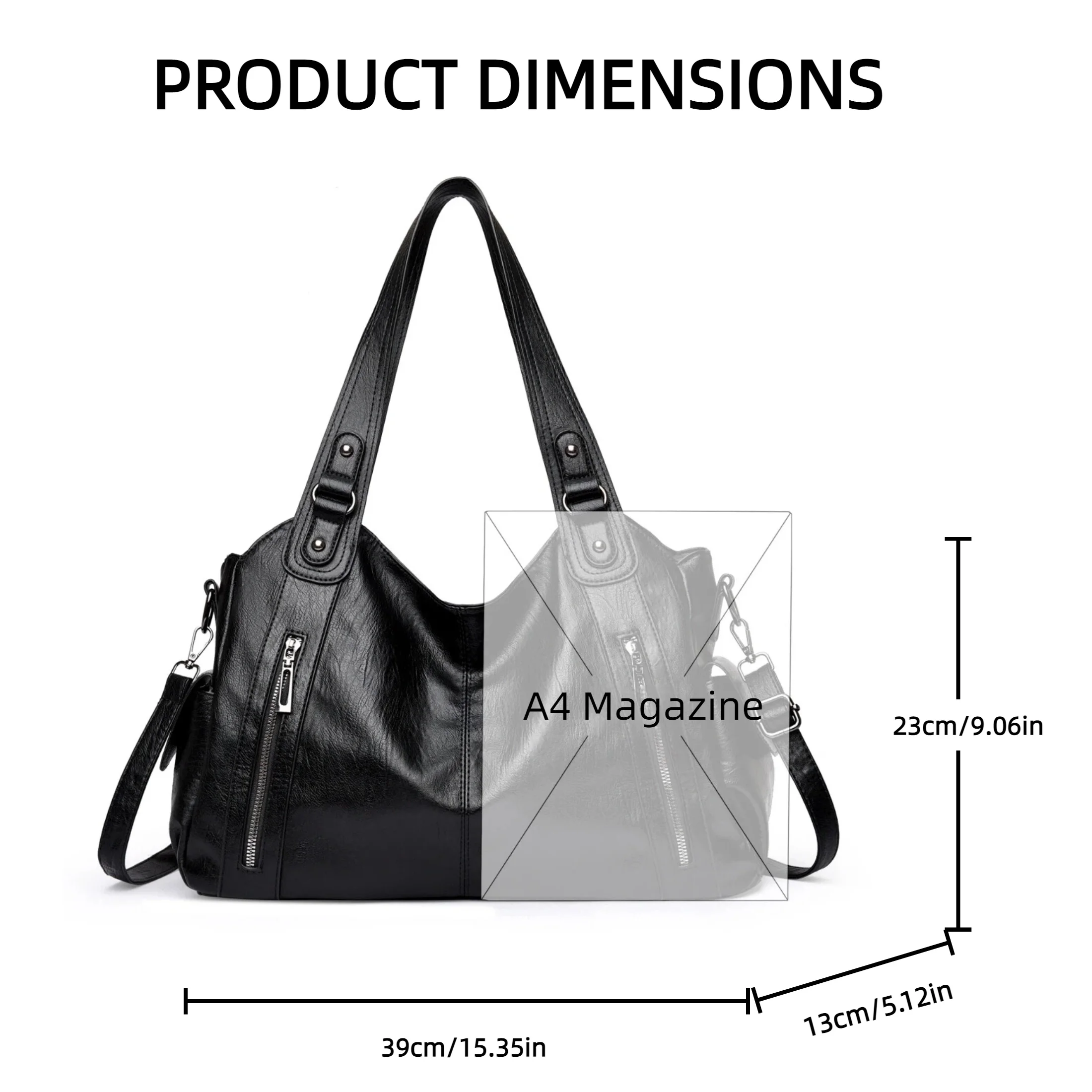 Damen Vintage PU-Leder Handtasche mit mehreren Reißverschlusstaschen, modische Schulter- und Umhängetasche für Arbeit, Alltag und Reisen – Detail 14