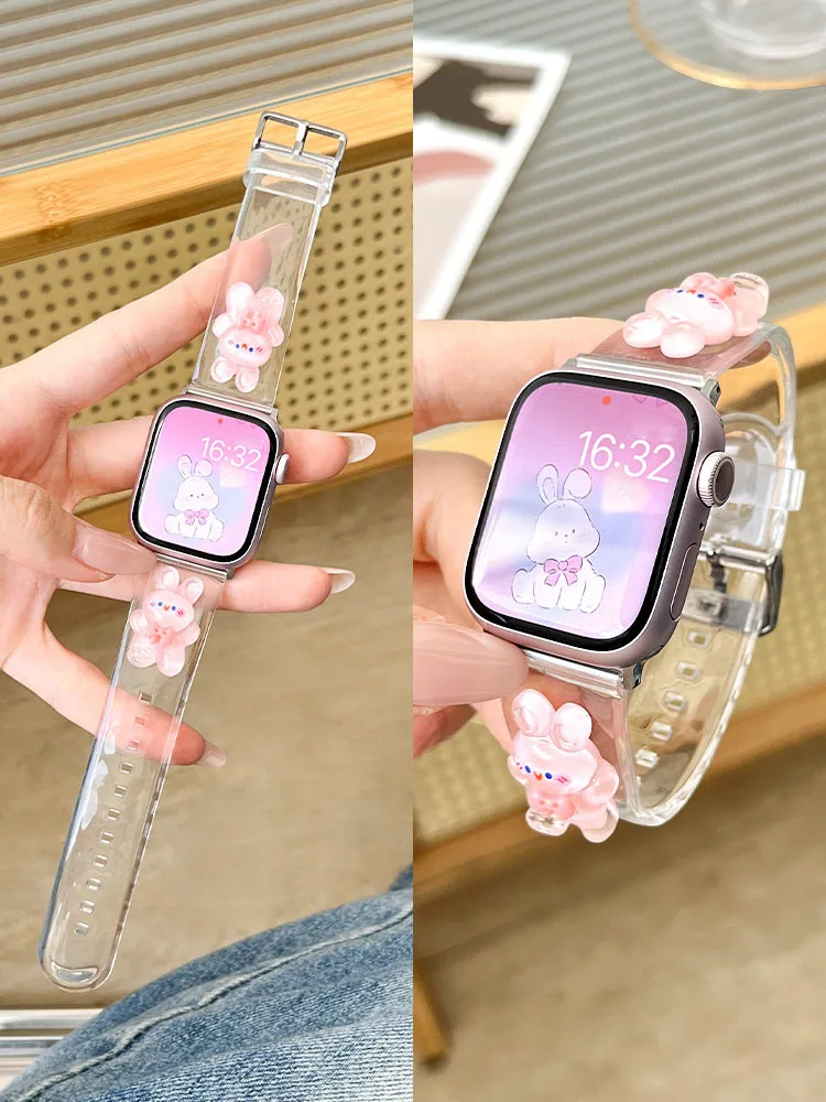 Cartoon Cute Rabbit Bear Silicone Strap For Apple Watch Band Ultra2 49 45 44 41 42 Correa Clear Band For Watch Series 9 8 7 6 SE