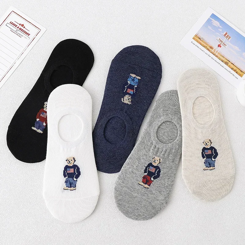 

5 Pairs of 5 Colors Summer Cartoon Bear Thin Cotton Men's Invisible Light Breathable Sweat-absorbent Boat Socks Personality