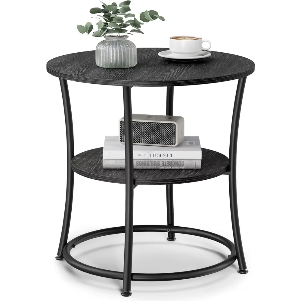 

Side Table, Round End Table with 2 Storage Shelves for Living Room, Bedroom, Nightstand with Steel Frame for Small Space