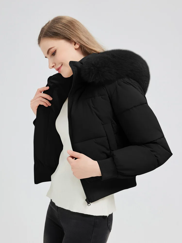 Veste rembourrée à col en fourrure pour femme, manteau court en coton, manches longues, fermeture éclair, Chic, ample, épais et chaud, hiver