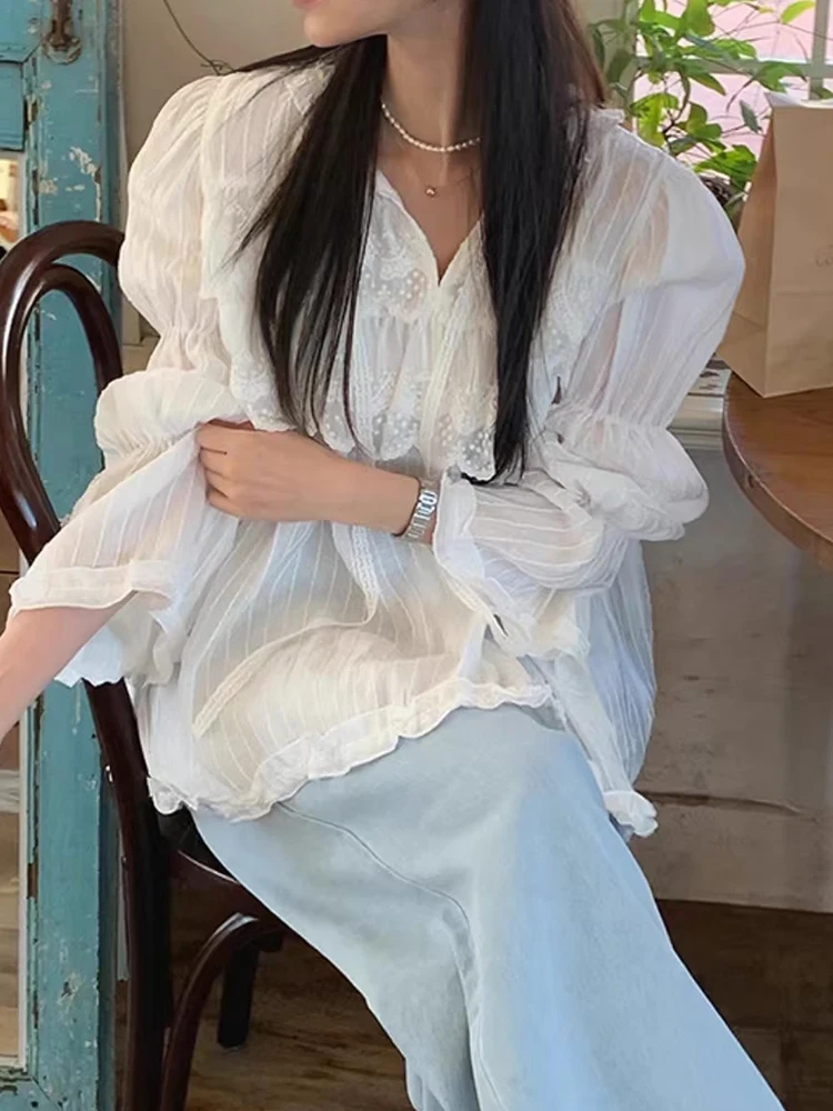 Chic Spring Sweetn V-ne Sa Design Loose Splicing Lace Long Sve Striped Chiffon irt Korean Sle Commute Faion
