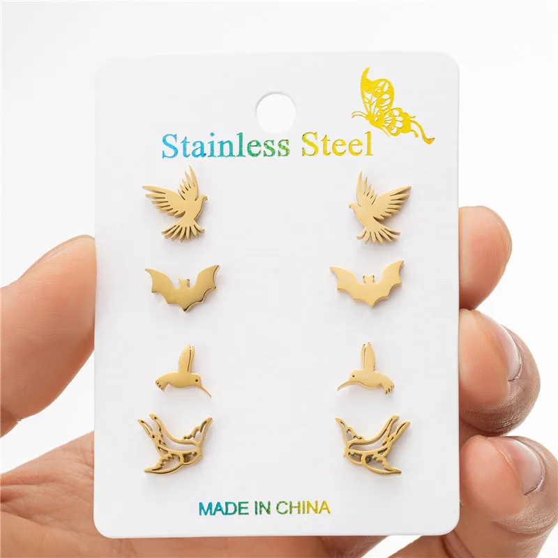 4 paare/los Punk schwarz Edelstahl Fledermaus Ohrring Tiermode Ohr stecker für Frauen Halloween Schmuck Kolibri Ohr stecker Geschenk