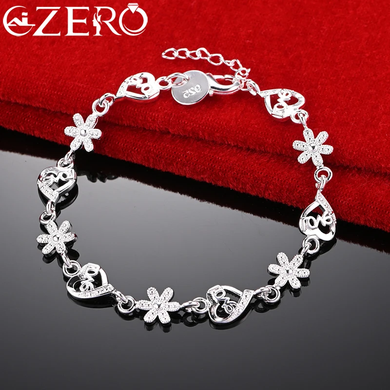 

ALIZERO 925 Sterling Silver Love Heart Flower Bracelet Chain For Woman Fashion Wedding Party Jewelry Bride Accessories Best Gift