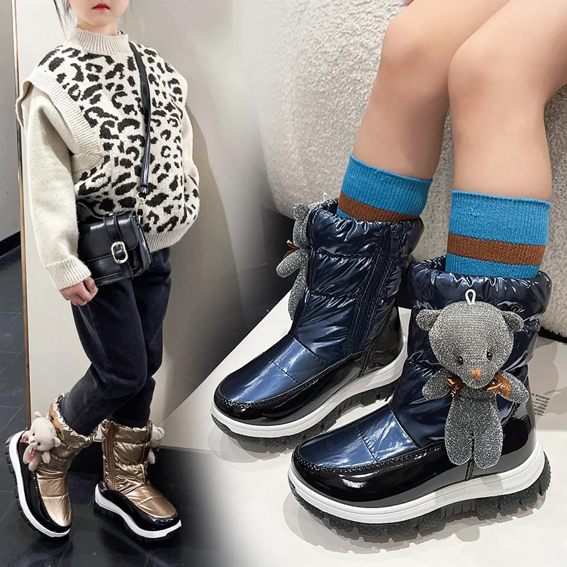 Kids Shoes Winter Boots for Boy Waterproof Pu Upper Baby Girls Child Plus Velvet Thickened Footwear Non-Slip Warm