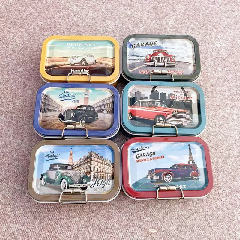 Retro Car Double-Layer Metal Card Jewelry Storage Tin Box Portable Flower Pattern Cosmetic Container Small Organizer Gift Box