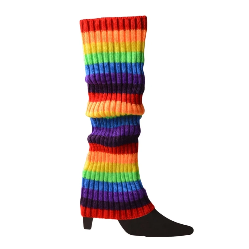 80s 90s Women Girls Knit Skating Leg Warmers Rainbow Striped Long Socks