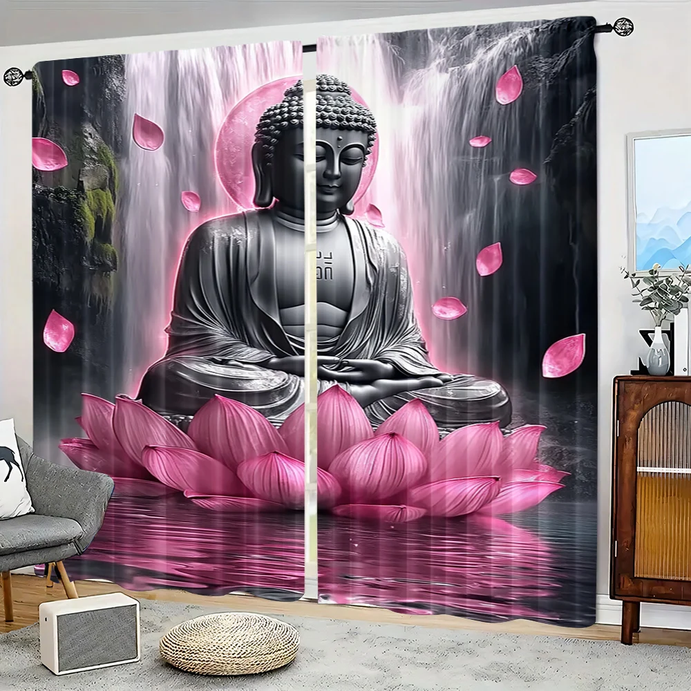 2pc,   Scene Curtains Extraordinary Buddha and Lotus Fabric,Without Electricity Family Party Decoration Suitable for Festive