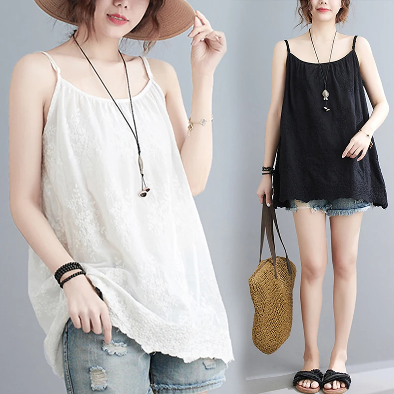 

Pure Color Embroidered Small Strap Vest plus Size Women's Lightweight Breathable Svel Base irt Anti-Aging A-Line Top