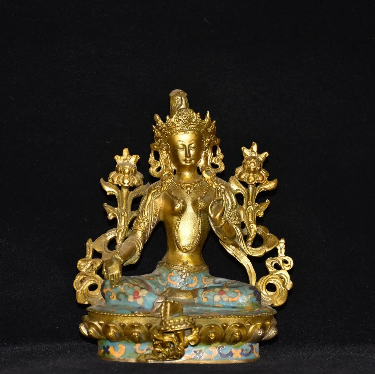 8″ Exquisite copper Cloisonne enamel green tara bodhisattva gilt buddha statue