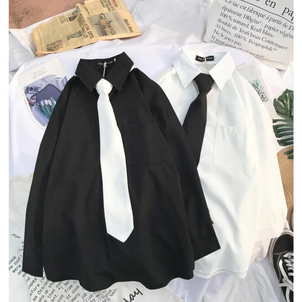 Black White Shirts With Tie Button Up Shirt Long Sleeve Blouse Pockets Streetwear Office Outfits Korean Clothing Casual Top 2022