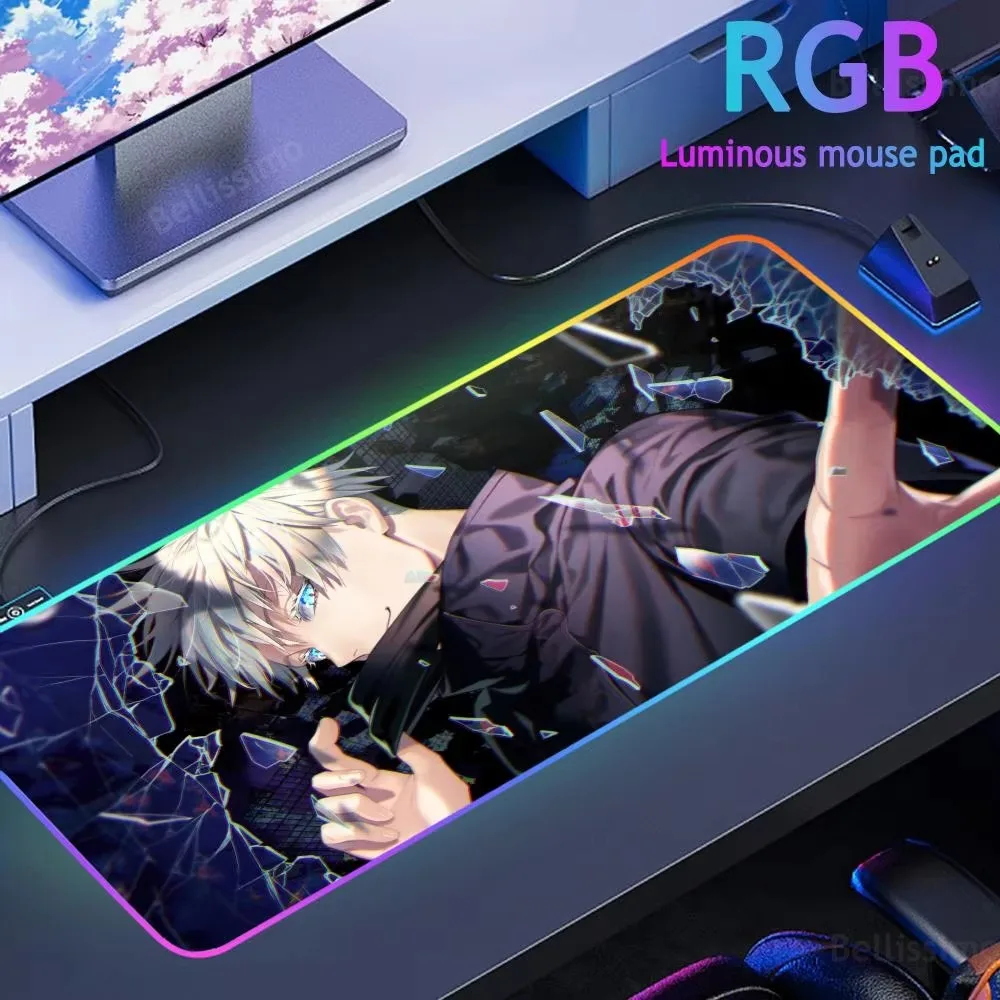 

New Arrivals S_satoru G_gojo RGB Mouse Pad Cool Luminous HD Anime Printing Desk Mat With Colorful LED Lamp Game Smooth FPS