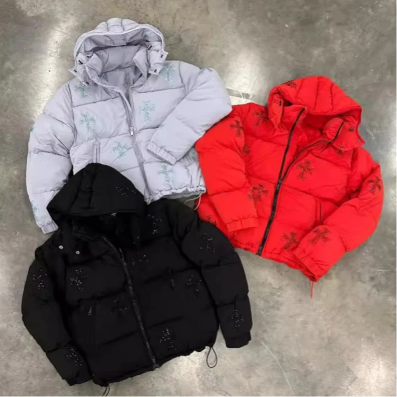 Winter Women's Cropped Hooded Puffer Jacket Rhinestone Cross Print Zip-Up Short Padded Street Coat with Drawstring Hem