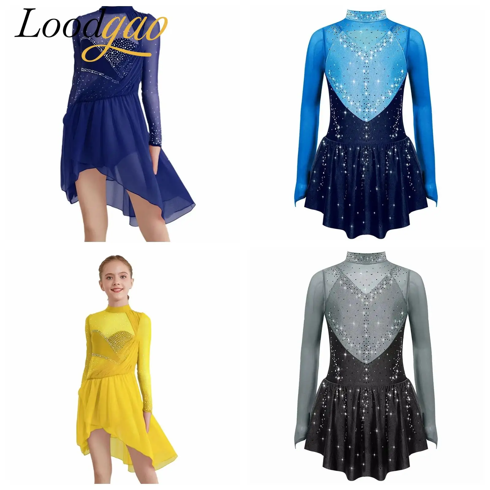 

Girls Lyrical Figure Skating Modern Dance Costume Kids Ballet Dress Sheer Mesh Performance Ballroom Dance Leotard Dress