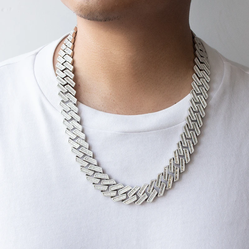 

Hip Hop Necklace 925 Sterling Silver 20mm Baguette cut Diamond Iced Out Moissanite Cuban Link Chain