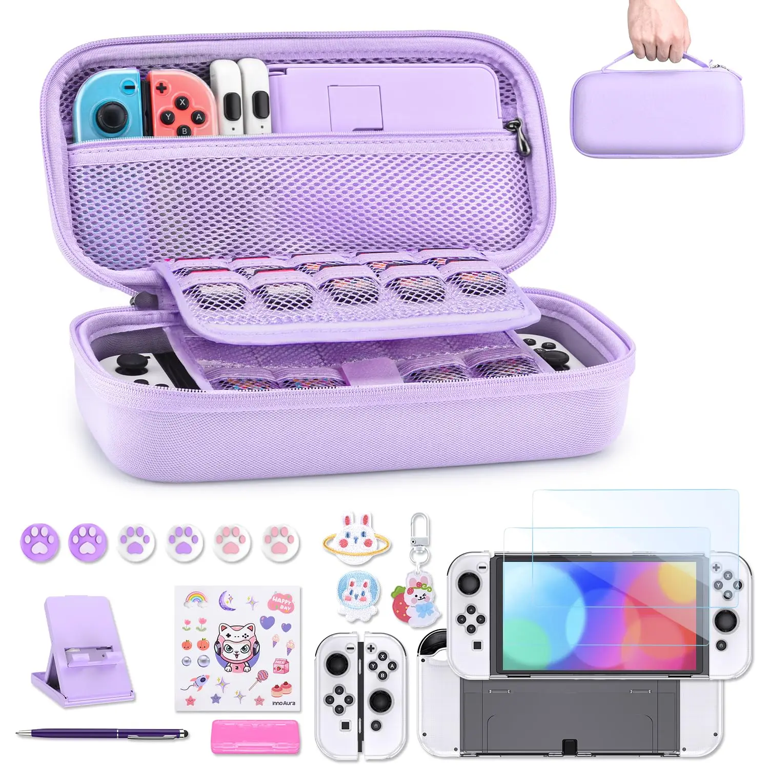 Purple Switch Carrying Case Kit for NS Switch OLED with Screen Protector Console Stand Thumb Grips Stylus Pen Pendant