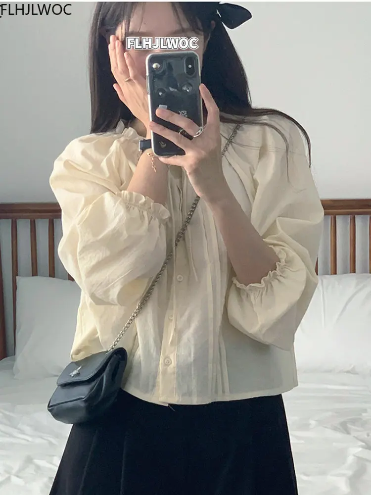 Hot Sales Bow Tie Ruffles Tops Blusas 2024 Cute Sweet Girls Chic Korea Fashion Clothes Solid Cotton Blends Women Shirts Blouses