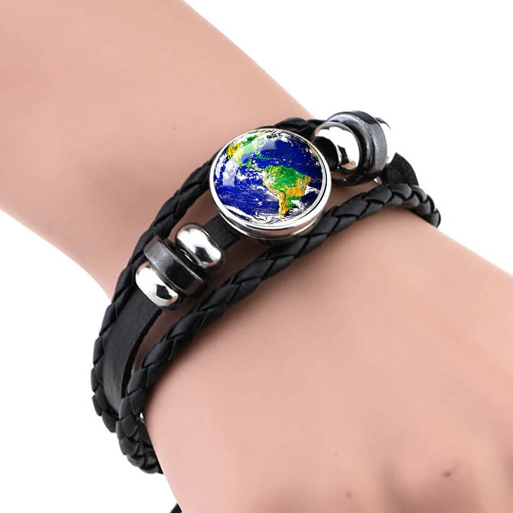 Planet Pattern Black Leather Bracelet Cosmos Solar System and Outer Space Snap Fastener Glass Dome Woven Adjustable Bracelet