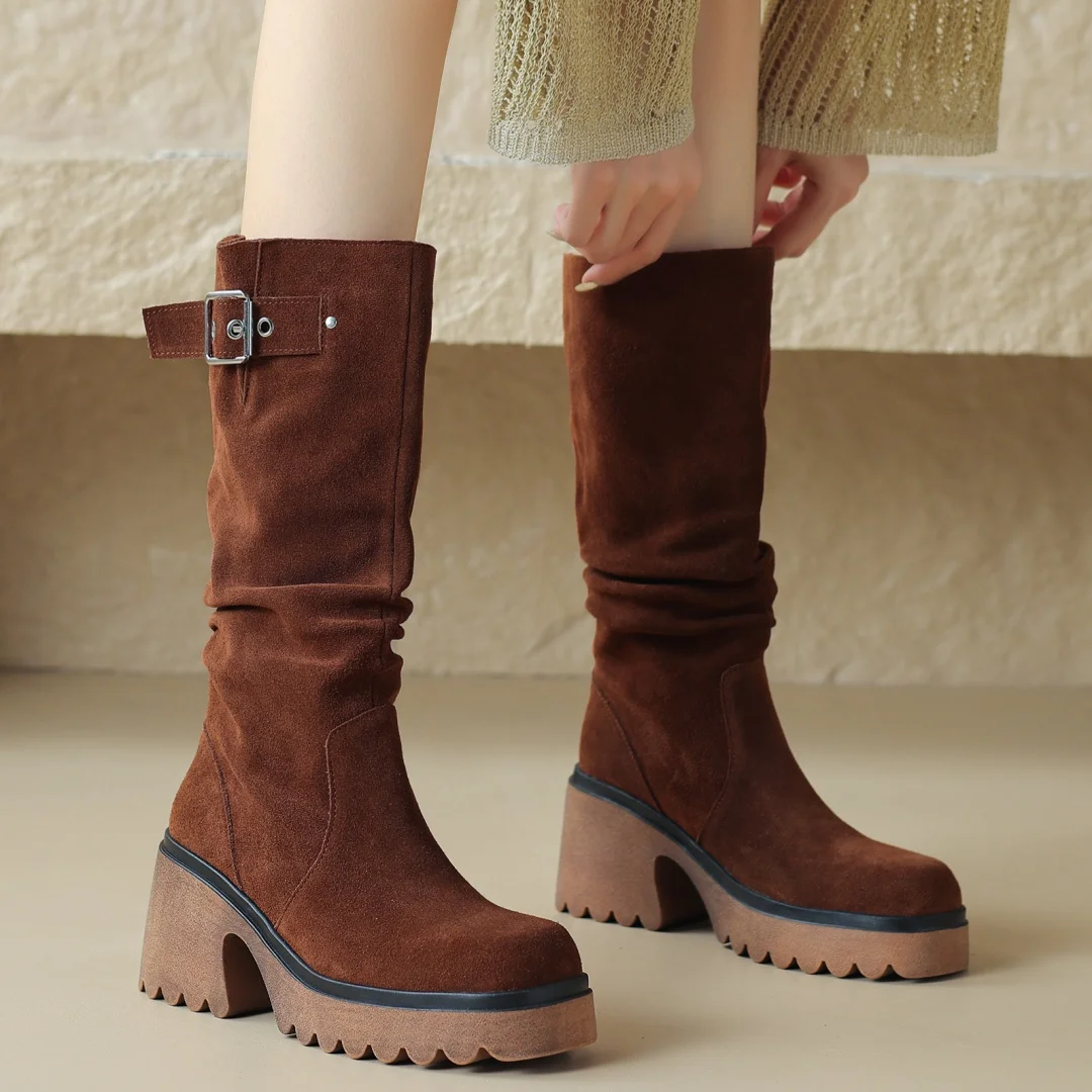 Women's natural suede leather chunky heel platform slip-on autumn mid-calf boots metal buckle punk female half boots shoes woman